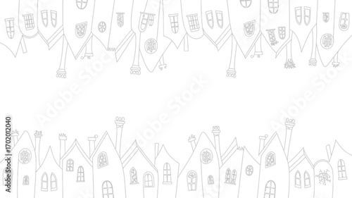 A whimsical line drawing of two rows of houses facing each other with blank space in the middle