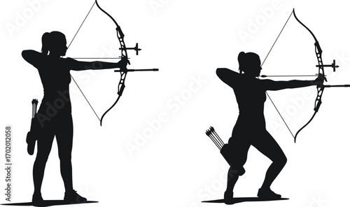 Silhouette of female archer with bow and arrow, archery athlete vector illustration, woman shooting target, sports accuracy training graphic artwork