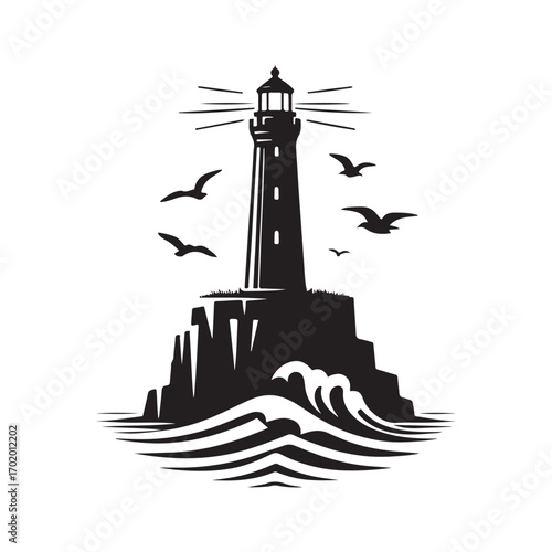 lighthouse on a rocky cliff with waves crashing seagulls flying above vector silhouette clip art logo design illustration
