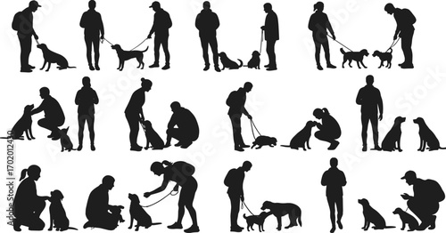 Silhouette Vector Set of People Training and Walking Dogs, Pet Care and Obedience Scenes, Isolated on White Background
