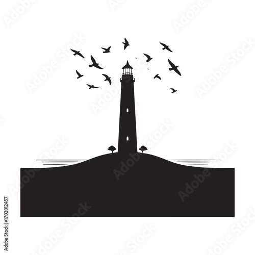 lighthouse on a rocky cliff with waves crashing seagulls flying above vector silhouette clip art logo design illustration