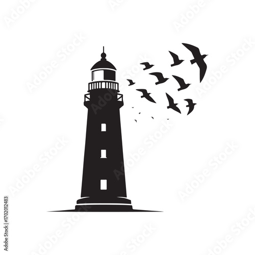 lighthouse on a rocky cliff with waves crashing seagulls flying above vector silhouette clip art logo design illustration