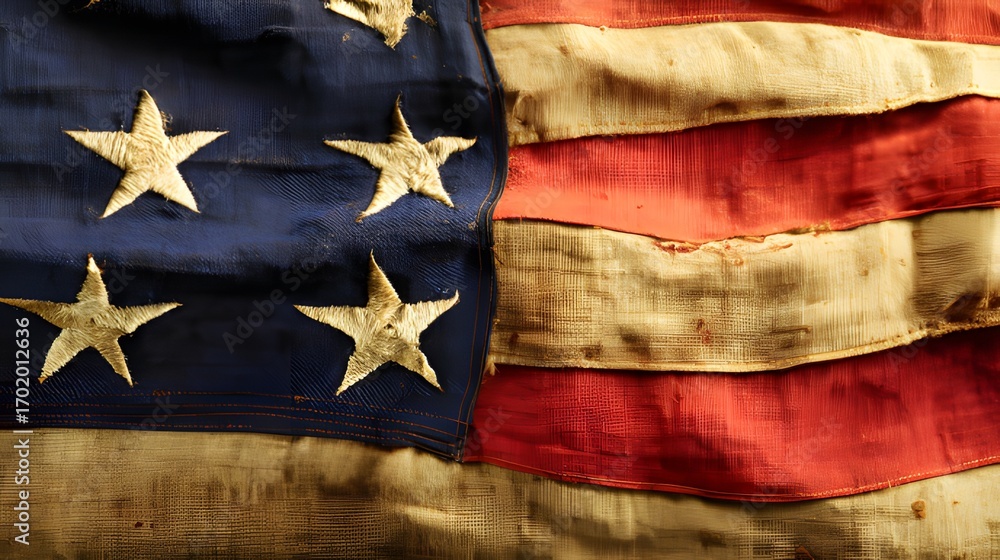 Fototapeta premium Vintage patriotic fabric texture with subtle star pattern, weathered surface detail.