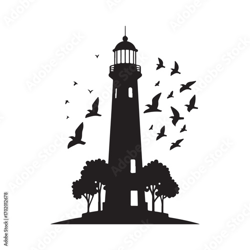lighthouse on a rocky cliff with waves crashing seagulls flying above vector silhouette clip art logo design illustration