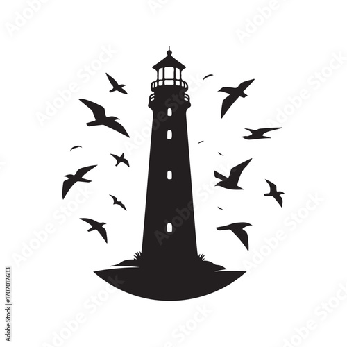 lighthouse on a rocky cliff with waves crashing seagulls flying above vector silhouette clip art logo design illustration