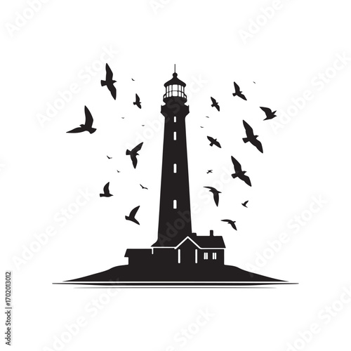 lighthouse on a rocky cliff with waves crashing seagulls flying above vector silhouette clip art logo design illustration
