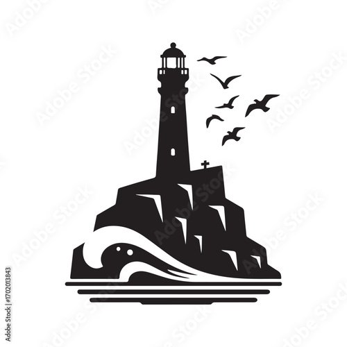 lighthouse on a rocky cliff with waves crashing seagulls flying above vector silhouette clip art logo design illustration