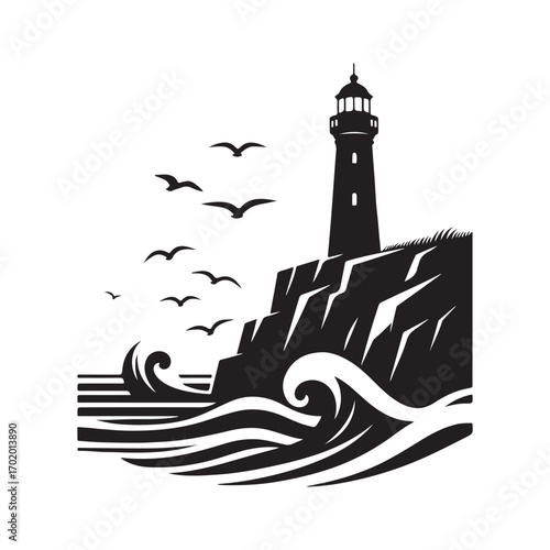 lighthouse on a rocky cliff with waves crashing seagulls flying above vector silhouette clip art logo design illustration