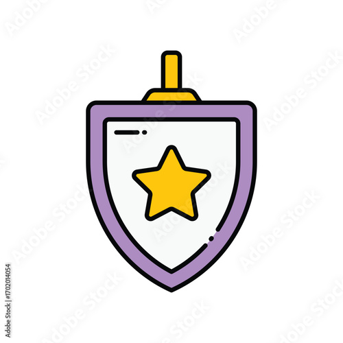 Badgelike shield with lavender border a yellow star in the center and a small yellow handle above it