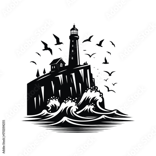 lighthouse on a rocky cliff with waves crashing seagulls flying above vector silhouette clip art logo design illustration