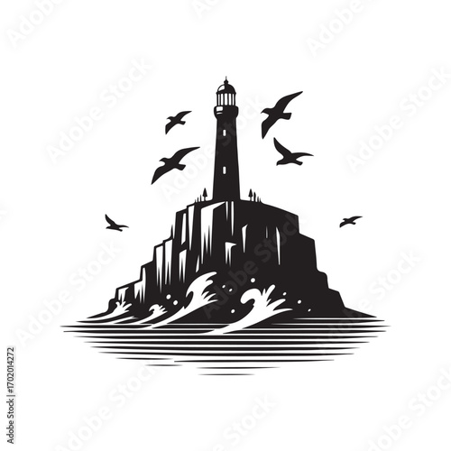 lighthouse on a rocky cliff with waves crashing seagulls flying above vector silhouette clip art logo design illustration