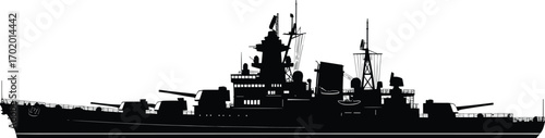 Silhouette of military battleship warship, navy vessel with guns, modern combat ship illustration, naval defense vector design, ocean maritime security graphic