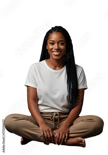 Smiling Black Woman Sitting Cross Legged in Casual Clothes Isolated on Transparent Background