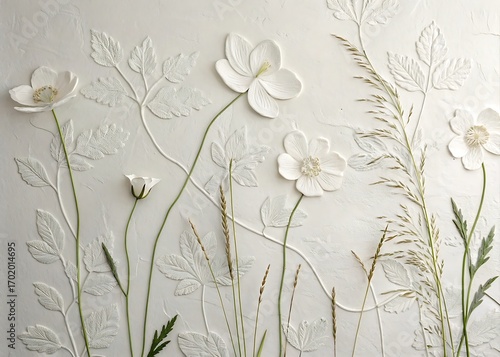 Chalk White Plaster Wall With Faint Embossed Anemone Petals