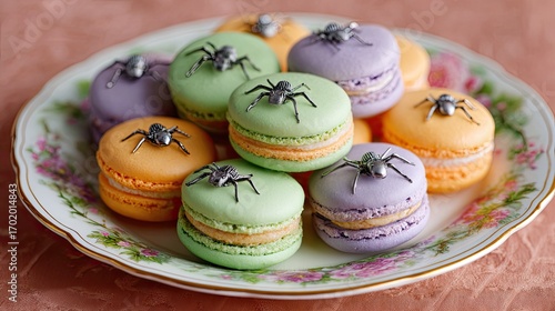 Colorful Macarons with Spider Decoration for Halloween Celebration