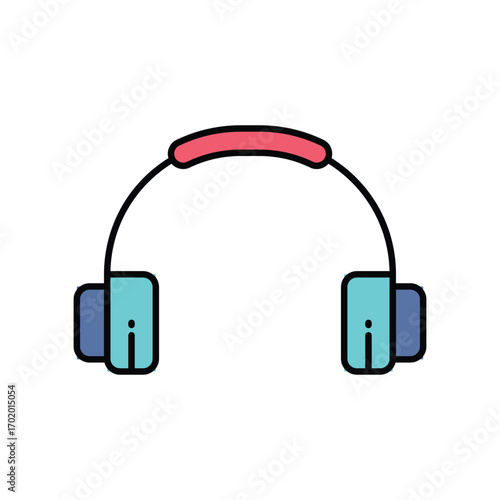 Headphones illustration with a pink padded headband and blue earpads connected by a black arch