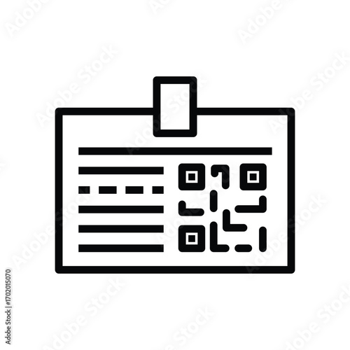 ID card displays lines and a QR code attached with a clip. Editable stroke icon