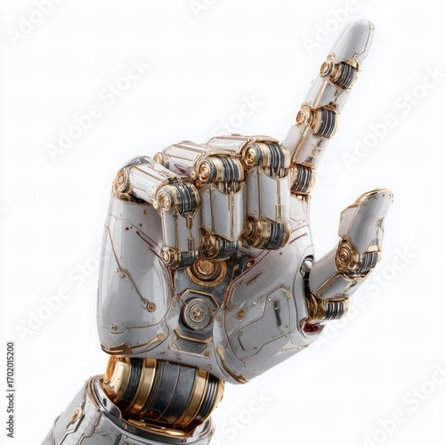 High-tech robotic hand reaching out, metallic futuristic design, ultra-clean isolated on white background, soft studio lighting, sharp clarity, perfect design element