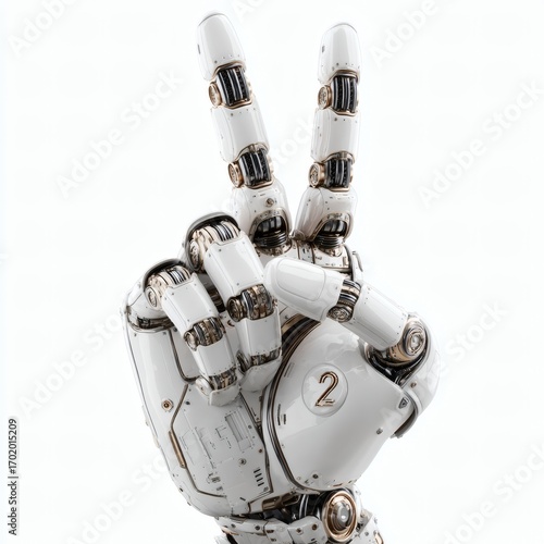 High-tech robotic hand reaching out, metallic futuristic design, ultra-clean isolated on white background, soft studio lighting, sharp clarity, perfect design element