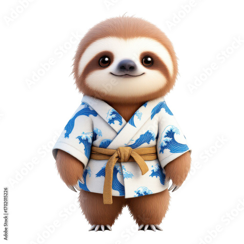 Cute Sloth Wearing Kimono with Wave Pattern.