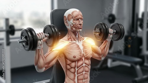 Anatomical illustration of a man lifting dumbbells, highlighting deltoid muscle engagement and upper body strength training in gym