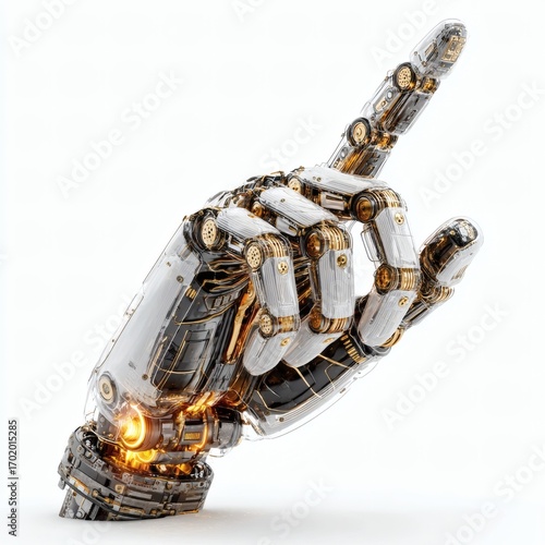 High-tech robotic hand reaching out, metallic futuristic design, ultra-clean isolated on white background, soft studio lighting, sharp clarity, perfect design element