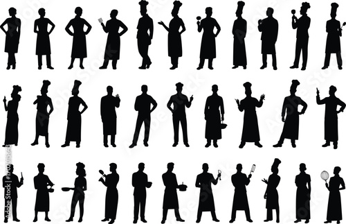 Silhouettes of chefs and cooks in various poses with kitchen utensils, professional cooking, culinary team, kitchen staff, chef lifestyle