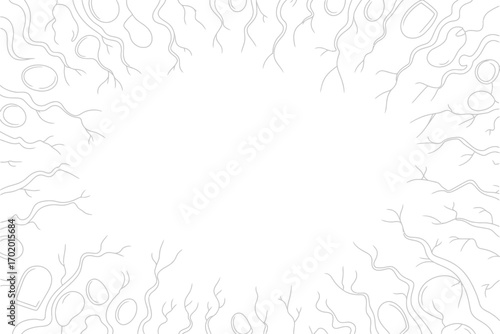 A white background with a border of thin gray branches and rounded shapes forming a frame around the center