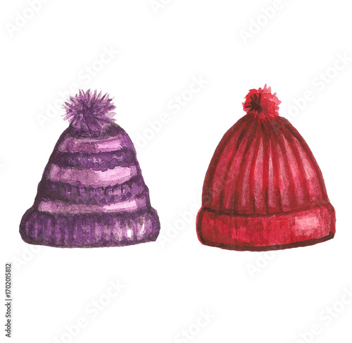 Two knitted hats in vibrant colors sit side by side, one in shades of purple with stripes and the other in a solid red, perfect for keeping warm during winter activities.