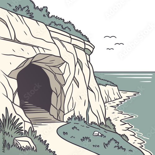 Vector art of a picturesque coastal scene unfolds with a cave entrance nestled in the cliffs, overlooking the tranquil sea, with birds soaring above, creating a serene and inviting atmosphere