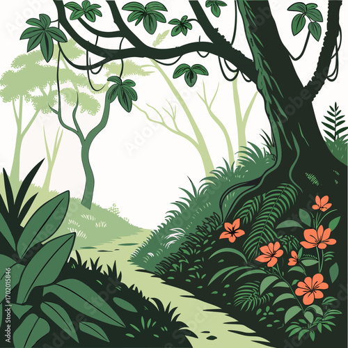 Vector art of a vibrant jungle path beckons with lush foliage and exotic blooms, promising adventure and discovery amidst the dense greenery, creating a captivating and immersive experience