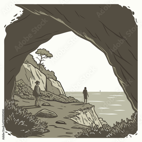 Vector art of a scenic view from inside a cave, showcasing two figures on a cliff overlooking the sea, with a sailboat in the distance, creating a sense of wonder and exploration