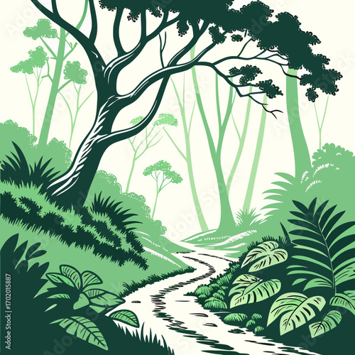 Vector art of a serene forest path winds through lush greenery, sunlight dappling through the canopy, creating a tranquil scene the air is fresh and the sounds of nature fill the air