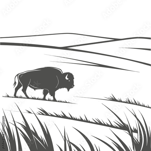 Vector art of a majestic bison grazes peacefully on the vast, open plains, its powerful form silhouetted against the horizon, evoking a sense of solitude and freedom in the untamed wilderness