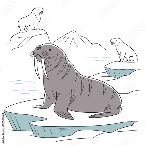 Vector art of three walruses are resting on ice floes in the arctic ocean, with a mountain in the background, one in the foreground and two in the background