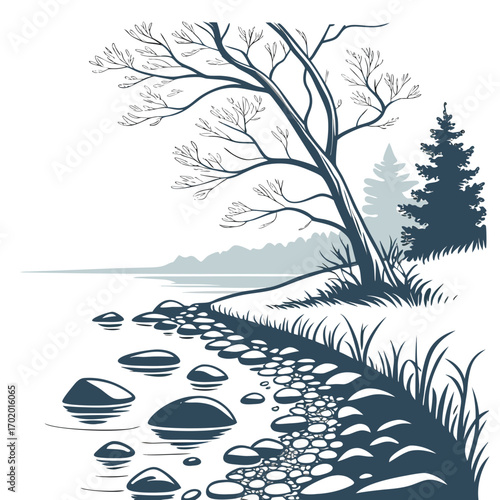 Vector art of a serene vector illustration of a lakeside scene with a bare tree, rocks along the shore, and evergreen trees in the background, creating a peaceful and natural landscape