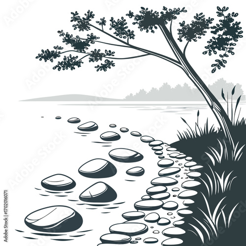 Vector art of a tranquil vector illustration of a lakeside scene with a leafy tree, rocks along the shore, and evergreen trees in the background, creating a peaceful and natural landscape