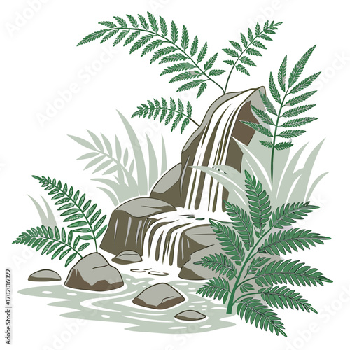 Vector art of a serene waterfall scene, surrounded by lush ferns and smooth stones, creating a peaceful oasis of natures beauty and tranquility, perfect for relaxation and contemplation