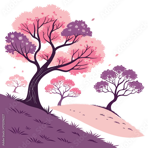 Vector art of a picturesque scene unfolds with stylized cherry blossom trees in full bloom, their pink and purple hues creating a vibrant contrast against the gentle slopes