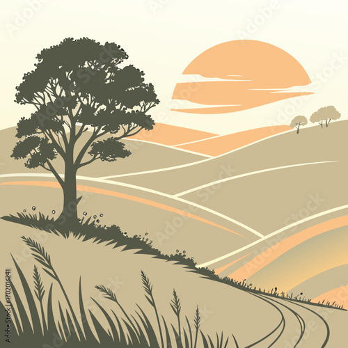Vector art of a tranquil countryside vista with a solitary tree silhouetted against rolling hills and a setting sun, evoking a sense of peace and harmony