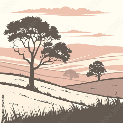 Vector art of a tranquil landscape illustration featuring rolling hills, scattered trees, and a serene sky, capturing the essence of natural beauty and peacefulness