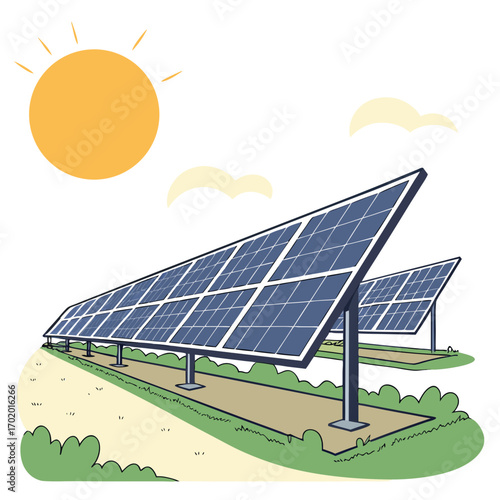Vector art of solar panels harnessing the suns energy in a field, representing sustainable and renewable energy sources for a cleaner environment