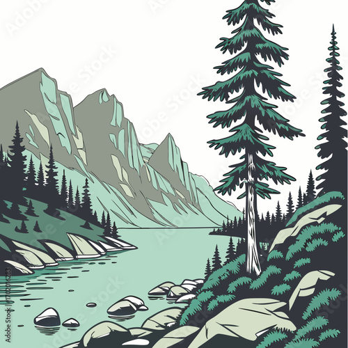 Vector art of a serene lake surrounded by majestic mountains and lush forests, creating a tranquil and picturesque landscape with evergreen trees and rocky shores