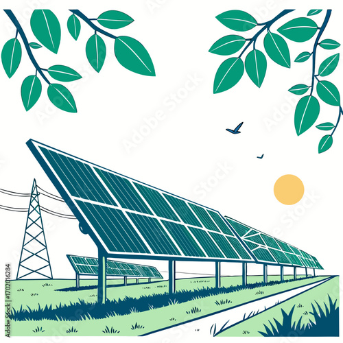 Vector art of solar panels harnessing the suns energy in a field, framed by lush green leaves and branches, with birds soaring in the sky, representing sustainable and renewable energy