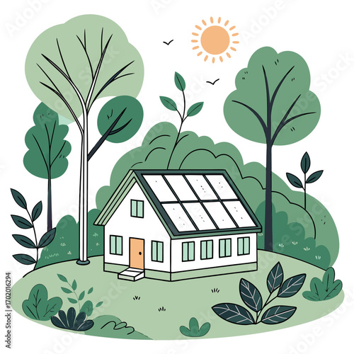 Illustration of a house with solar panels on the roof, surrounded by trees and plants, showcasing renewable energy and sustainable living