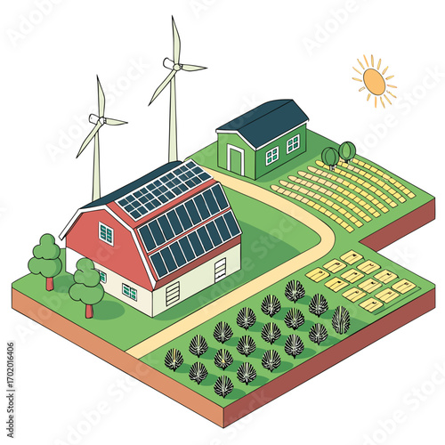 Vector art of isometric farm with solar panels on barn roof and wind turbines, showcasing sustainable agriculture and renewable energy sources, promoting ecofriendly practices and rural living