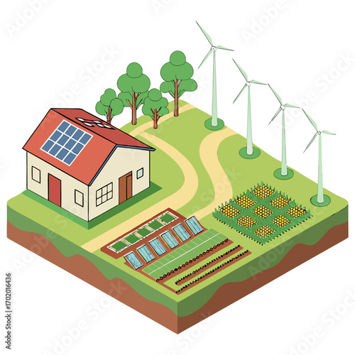 Vector art of isometric farm with solar panels on house roof and wind turbines, showcasing sustainable agriculture and renewable energy sources, promoting ecofriendly practices and rural living