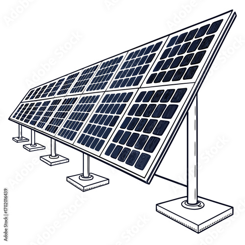 Vector art of detailed illustration of a solar panel array, emphasizing renewable energy and sustainable technology for clean power generation and environmental conservation