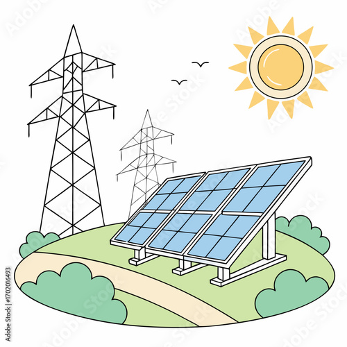 Illustration of solar panels on a green hill with power lines and a shining sun in the background, showcasing renewable energy and sustainable power generation