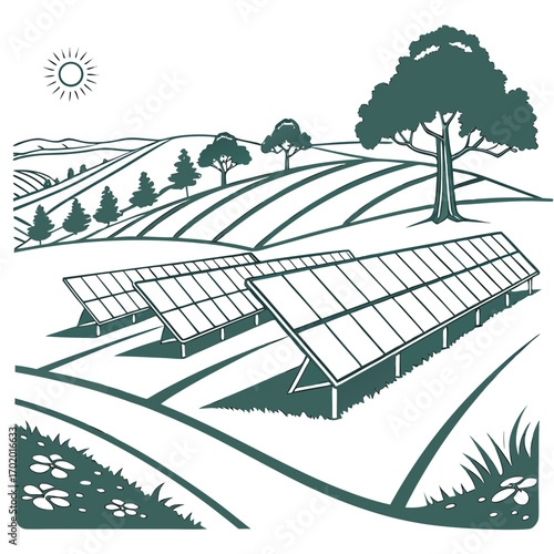 Vector art of monochrome illustration of a solar panel farm in a rural landscape, showcasing sustainable energy production and environmental harmony on an